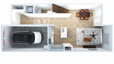 A top down view of a car in a garage.